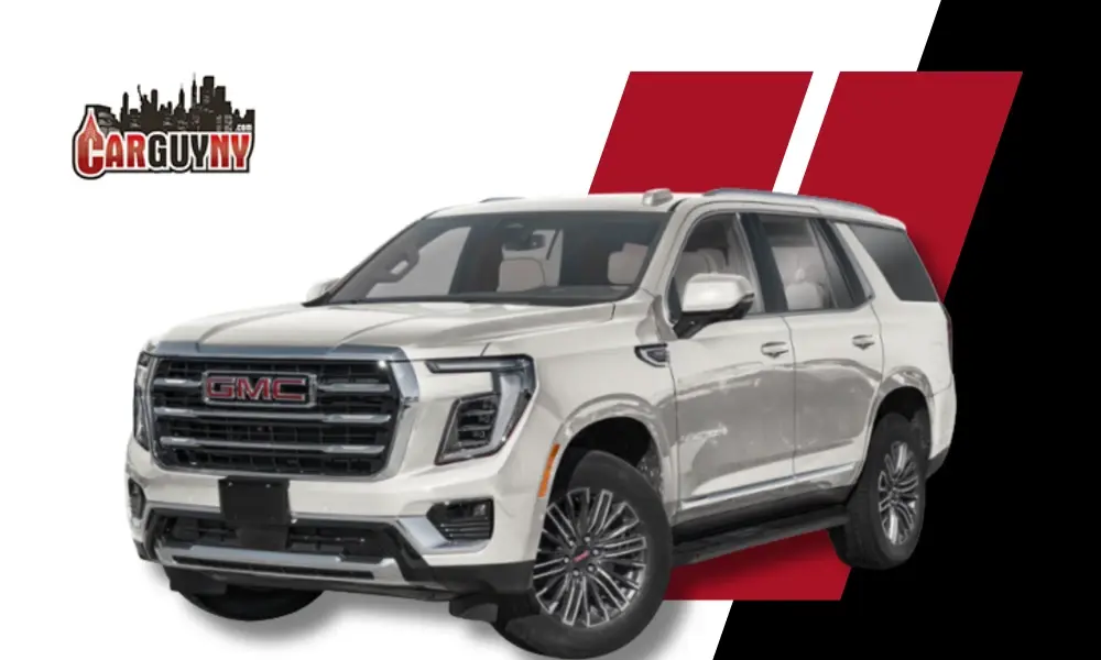 White GMC SUV displayed on a black and red geometric background with "Carguyny" logo in the corner.