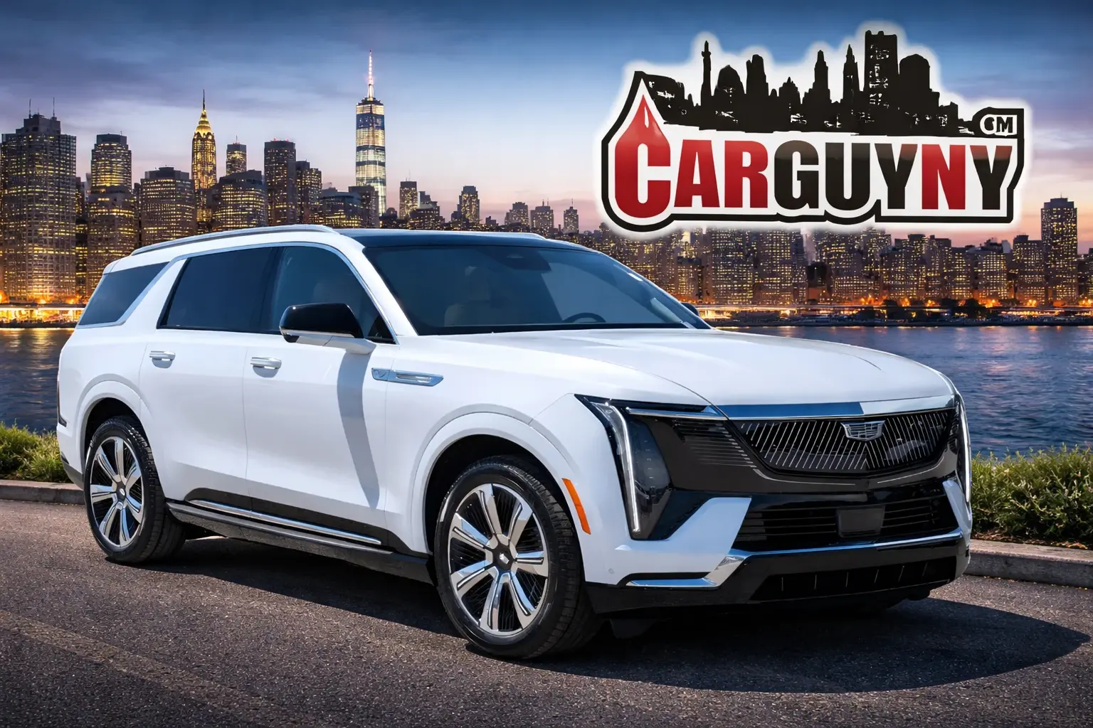White SUV parked by a river with a city skyline at dusk; "Car Guy NY" logo in the upper right corner.