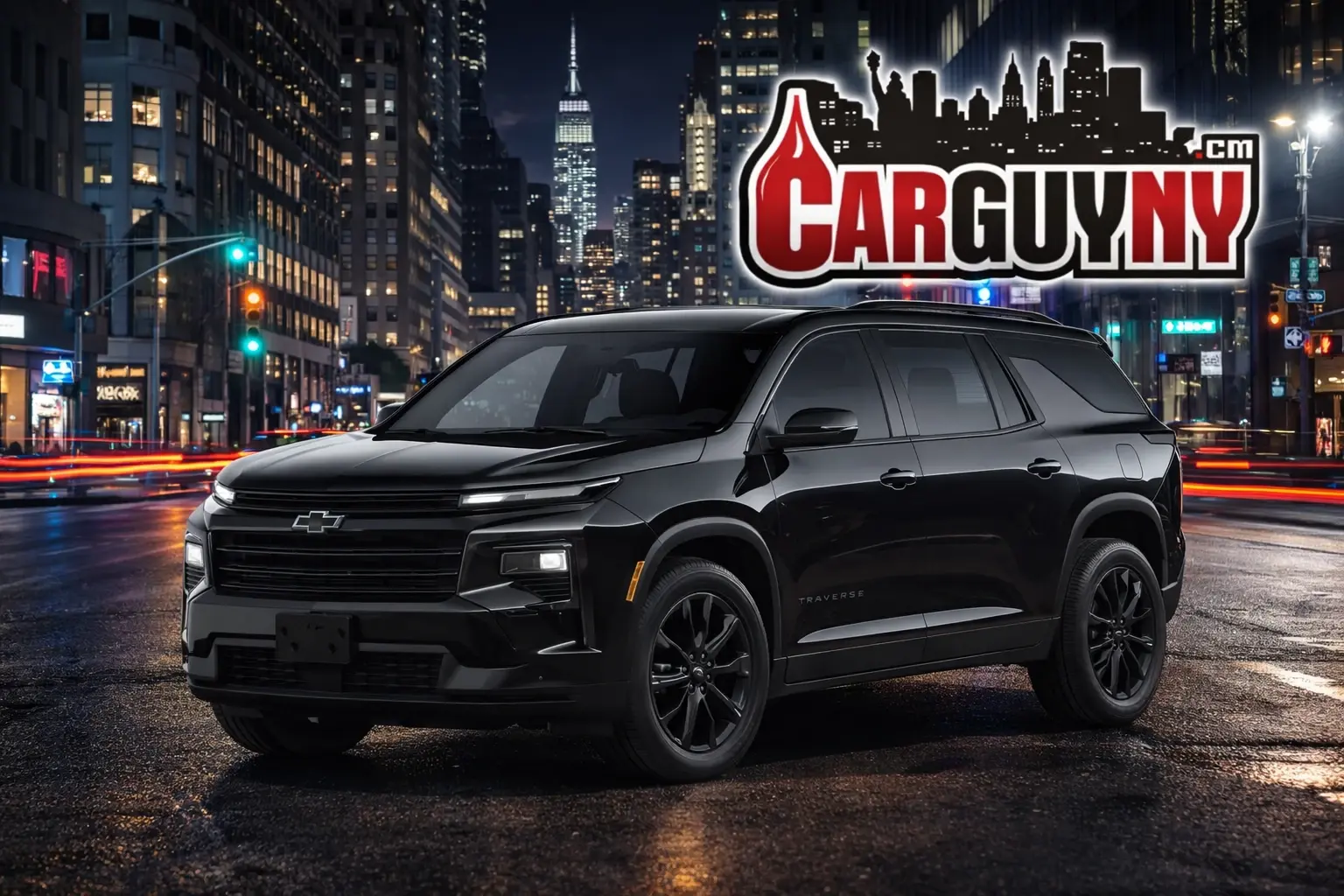 A black SUV parked on a city street at night with bright lights and skyscrapers in the background, featuring the "CarGuyNY" logo.