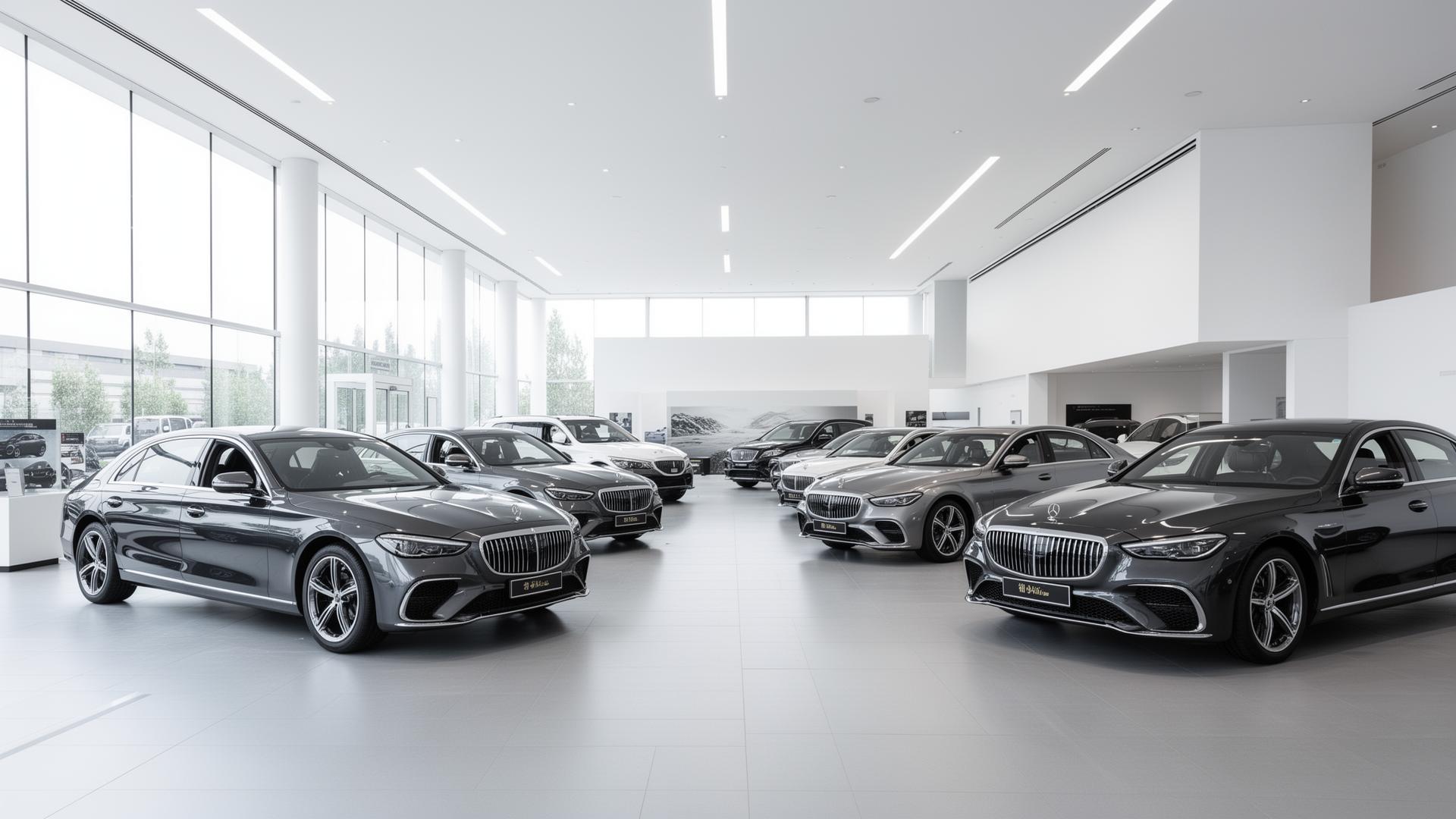 A sleek car showroom showcasing multiple dark-colored luxury sedans, brightly lit by large windows and modern lighting.