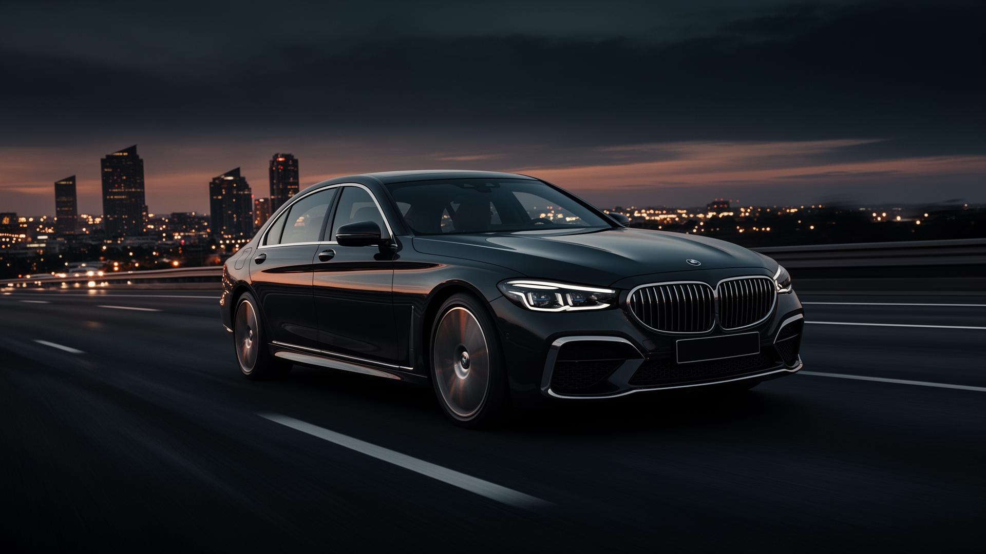 Sleek black luxury car driving on a highway at dusk, with a city skyline in the background and blurred lights.